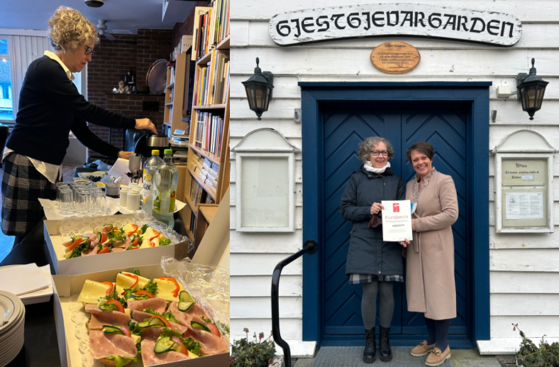 Dame med smørbrød og orsførar og dame utanfor Gjestgjevargarden - Klikk for stort bilde